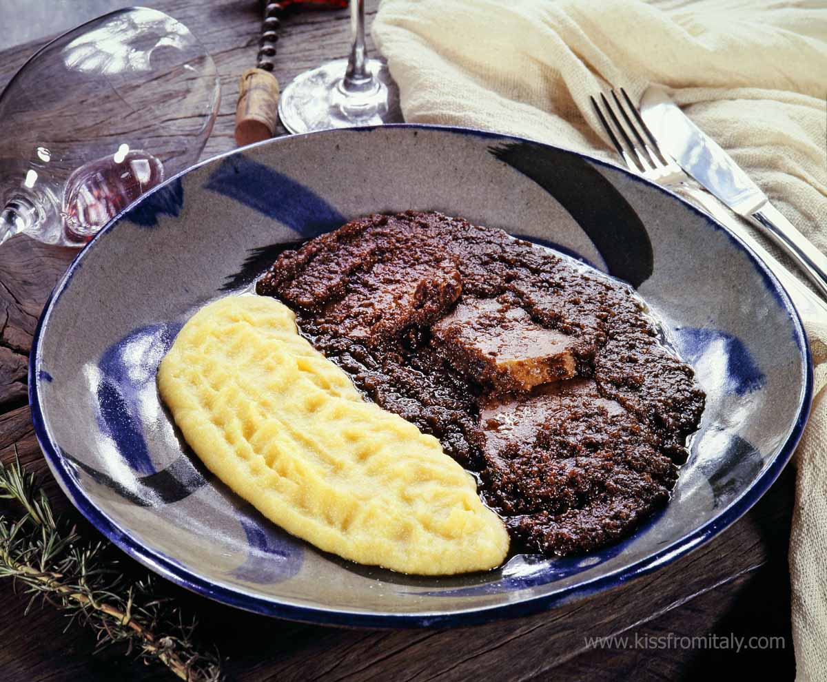 Brasato al Barolo, roasted beef with wine, one of the most typical food of the Piedmont region in Italy