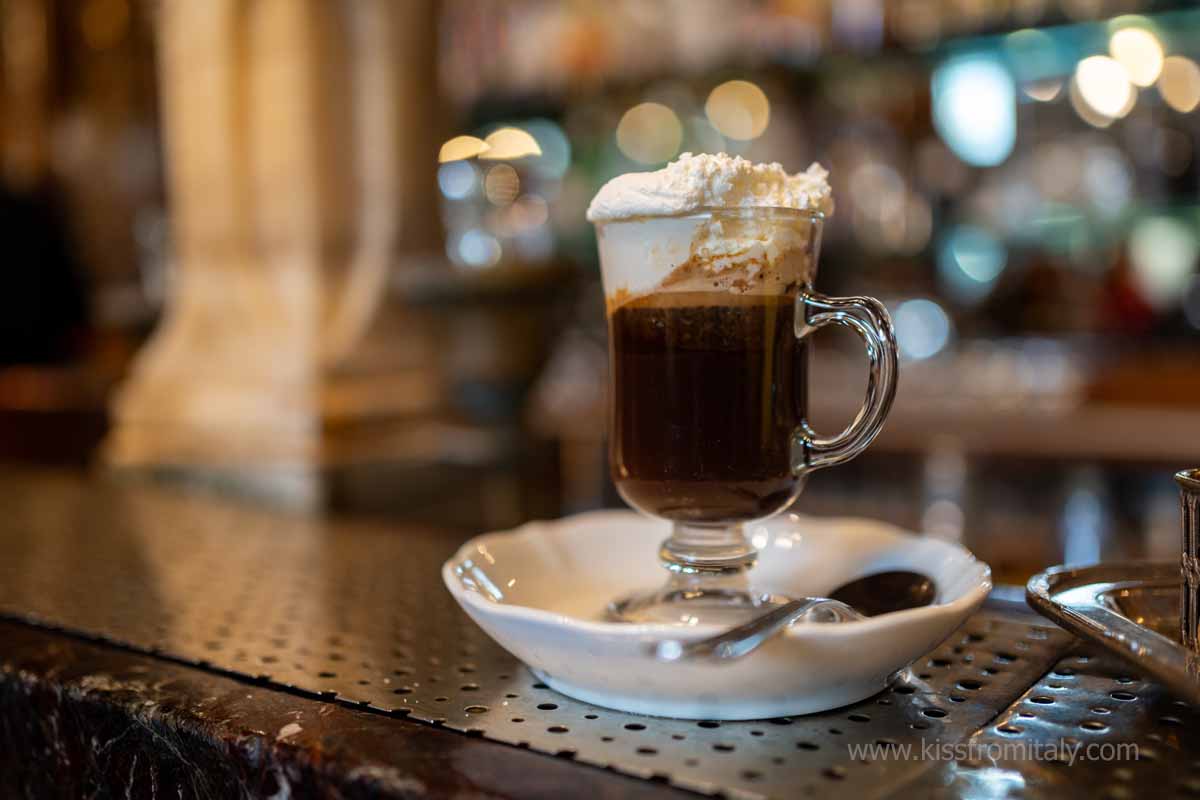 A glass of Bicerin, a version of espresso coffee with cream that is one of the most typical thing in Turin, Italy